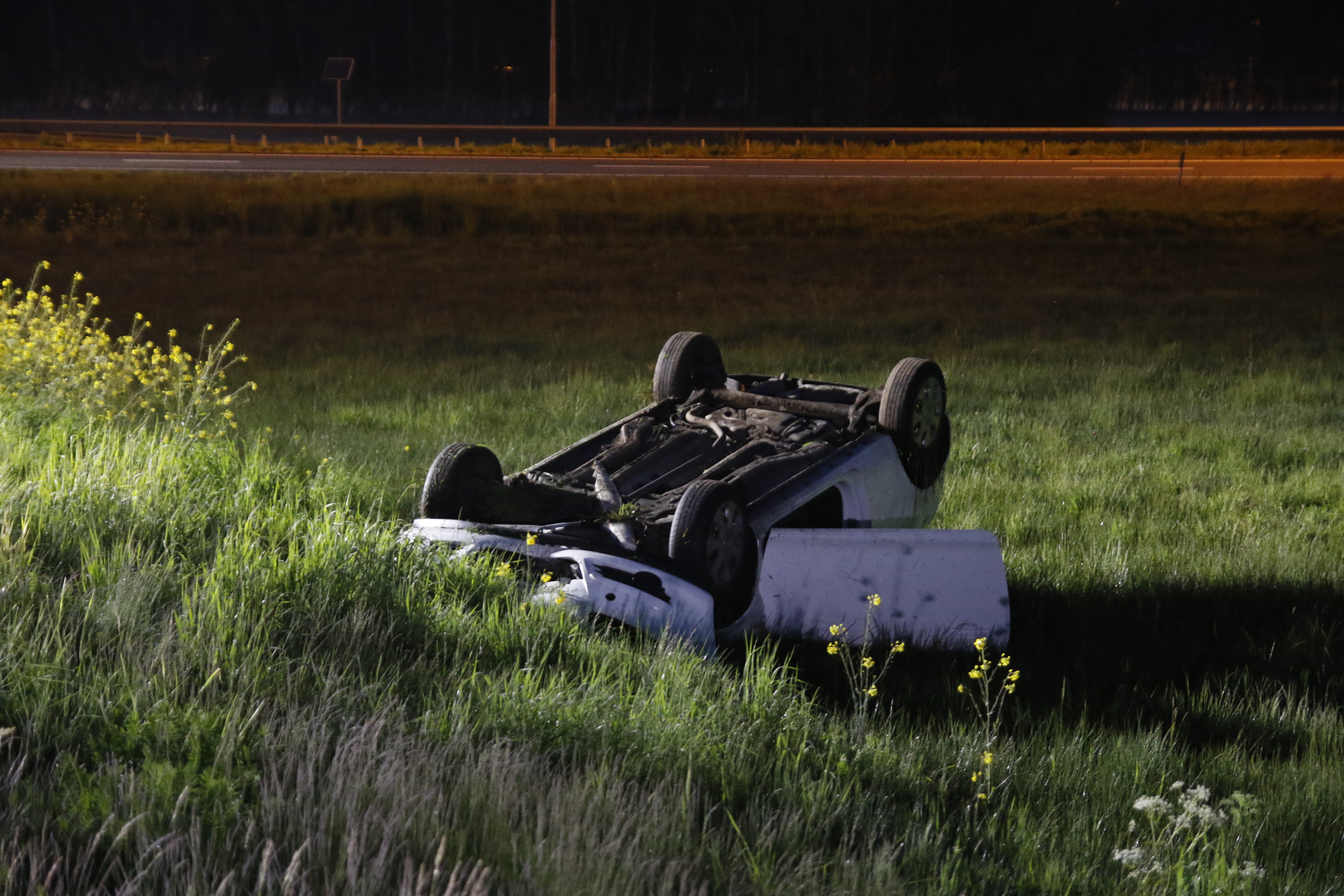 Auto op de kop in weiland