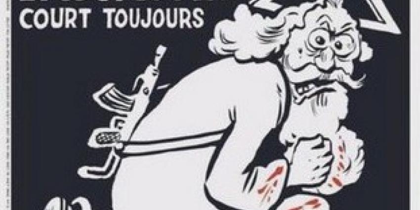 Jaar na aanslag komt Charlie Hebdo met god, kalasjnikov en bloed op cover