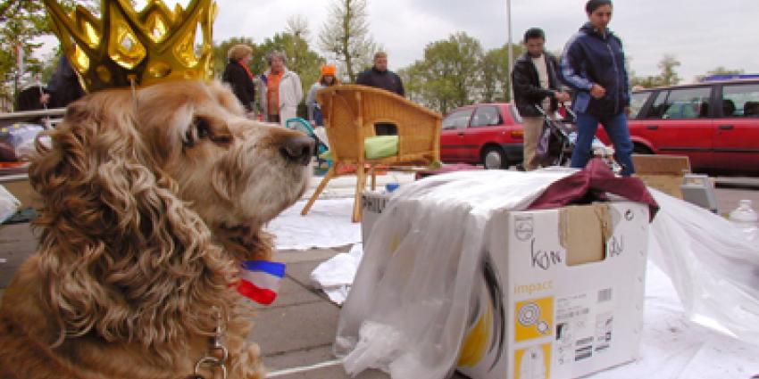 Foto van hond met kroon op vrijmarkt koninginnedag | Archief EHF