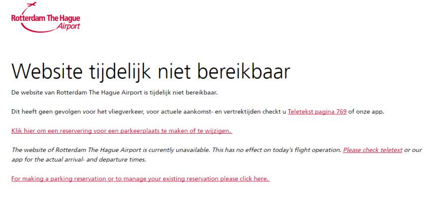 Website Rotterdam The Hague Airport ligt plat