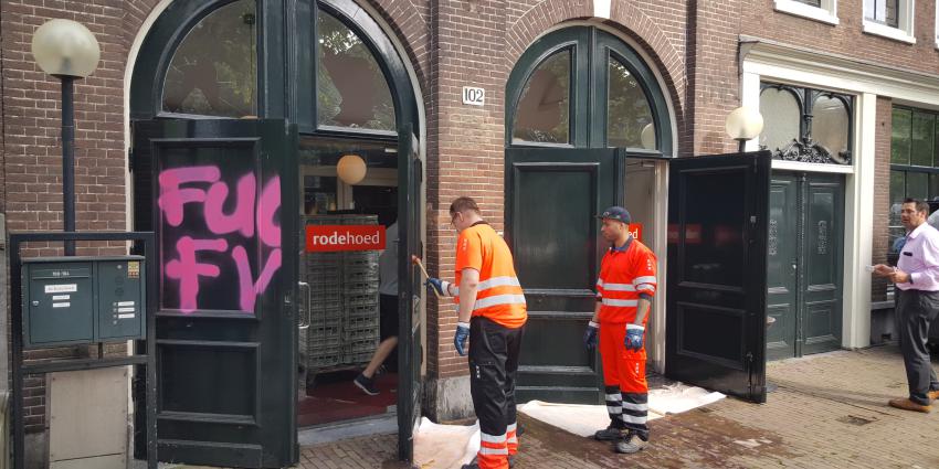 De rode hoed besmeurd met verf