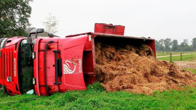 Vrachtwagen met paardenmest gekanteld
