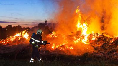Brandweer druk met blussen stapel afval van boomkwekerij