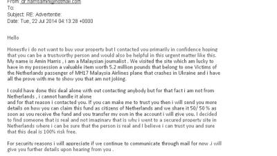 Fraudehelpdesk:gewetenloze fraudeurs storten zich op vliegtuigramp MH17