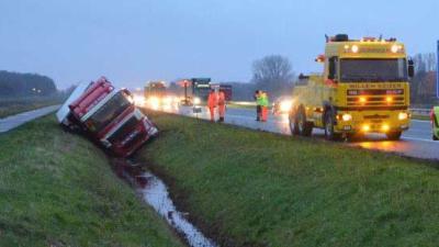 Vrachtwagen de sloot in langs A7