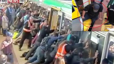 Passagiers kantelen treinstel om met been beknelde man te bevrijden